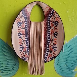 Boho Taupe Vegan Aztec Floral Purse Fringe Handbag